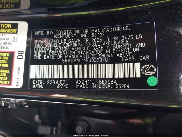 Aukcja sprzedaży 2024 Lexus Es 300h, vin: 58ADA1C11RU037870, numer aukcji: 42797186