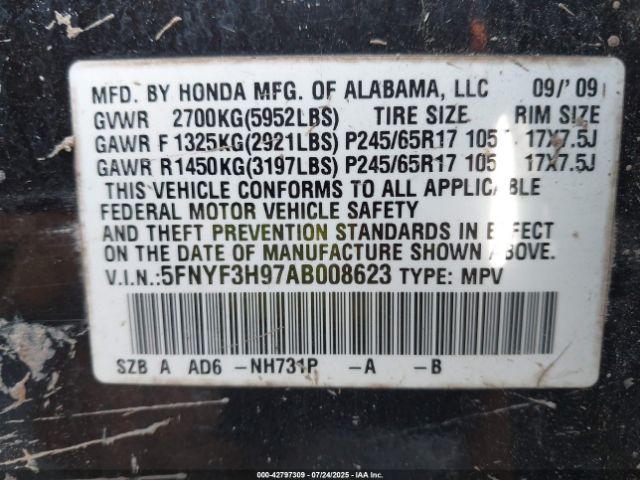 2010 HONDA PILOT 5FNYF3H97AB008623 Photo 8