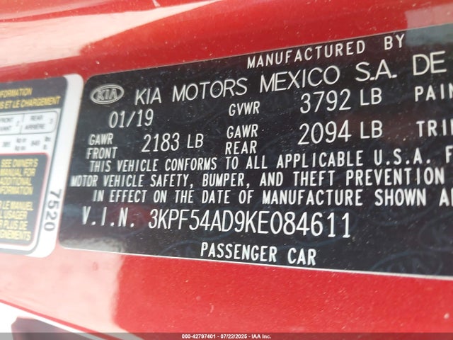 3KPF54AD9KE084611 KIA mpi nu