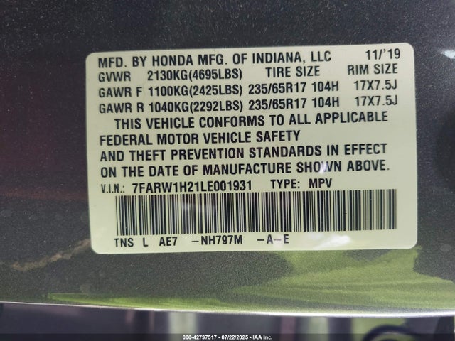 7FARW1H21LE001931 Honda l15be