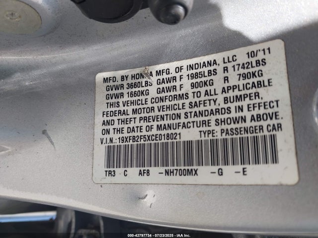 Aukcja sprzedaży 2012 Honda Civic Lx, vin: 19XFB2F5XCE018021, numer aukcji: 42797734