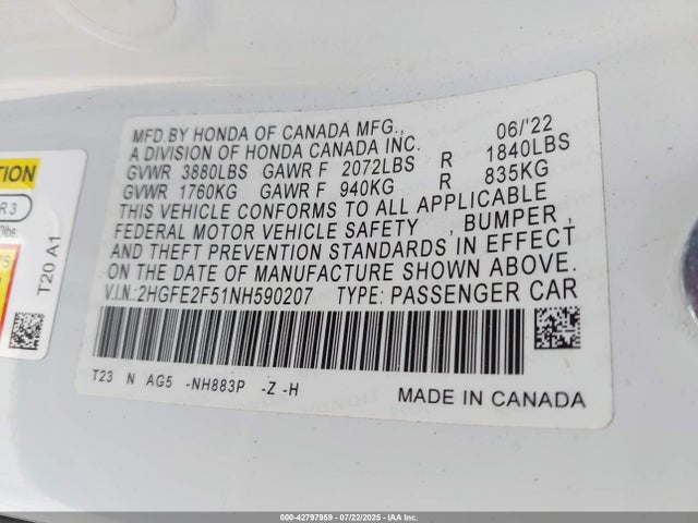 Honda k20c2 2022 2HGFE2F51NH590207 Image 9