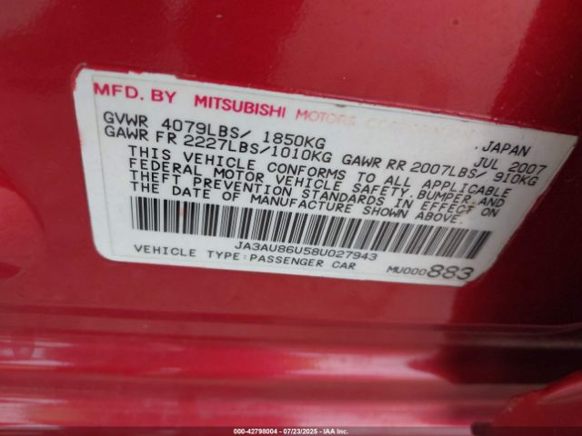 2008 MITSUBISHI LANCER JA3AU86U58U027943 Photo 8