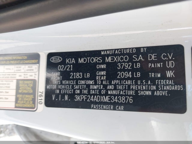3KPF24ADXME343876 KIA mpi nu