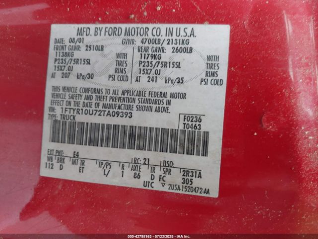 2002 FORD RANGER 1FTYR10U72TA09393 Photo 8