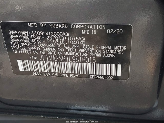 Subaru WRX 2020 JF1VA2S67L9816015 Image 9