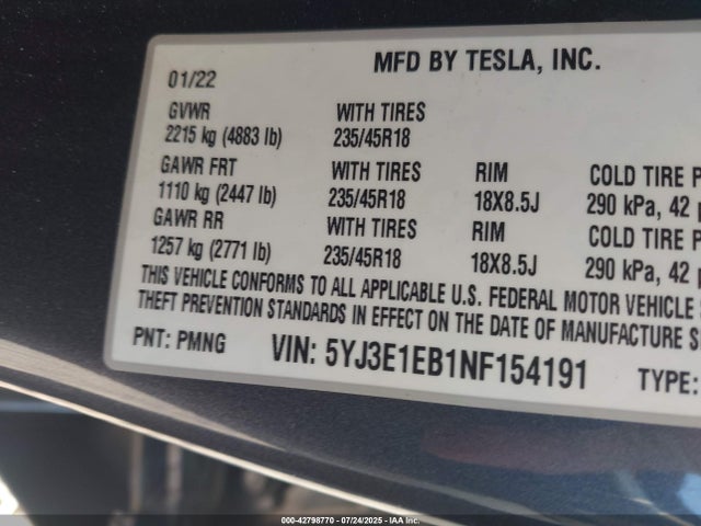 2022 TESLA MODEL 3 5YJ3E1EB1NF154191 Photo 8