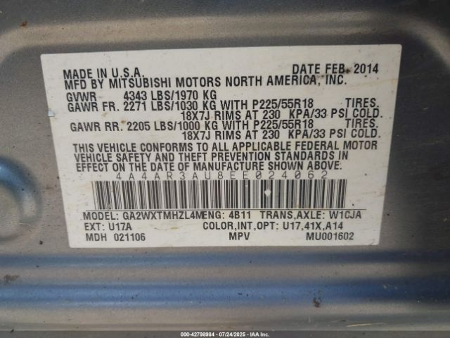 2014 MITSUBISHI OUTLANDER SPORT 4A4AR3AU8EE024062 Photo 8