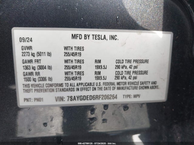 2024 TESLA MODEL Y 7SAYGDED6RF206264 Photo 8