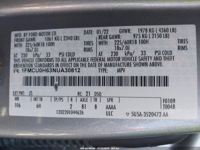 1FMCU0H63NUA30812 Ford dragon di tc