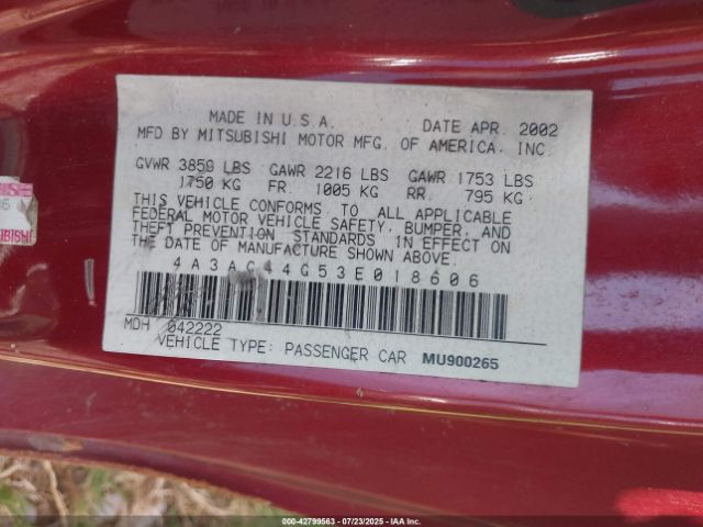 2003 MITSUBISHI ECLIPSE 4A3AC44G53E018606 Photo 8