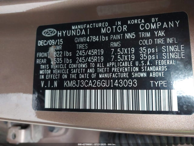 KM8J3CA26GU143093 Hyundai 2016
