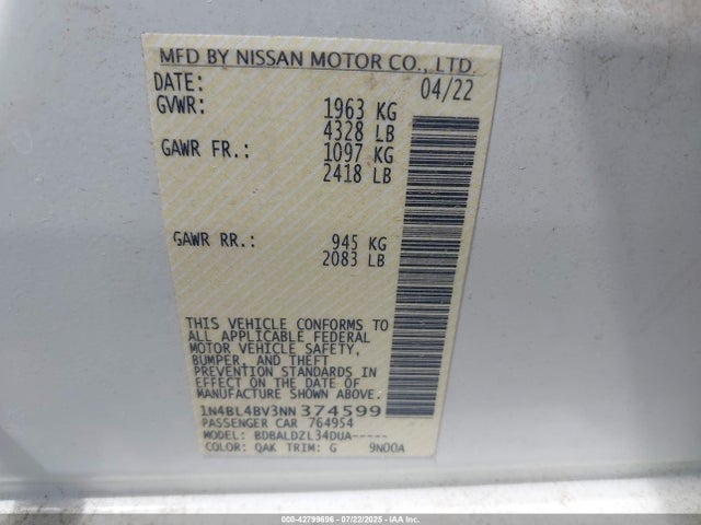 Nissan 2022 2022 1N4BL4BV3NN374599 Image 9
