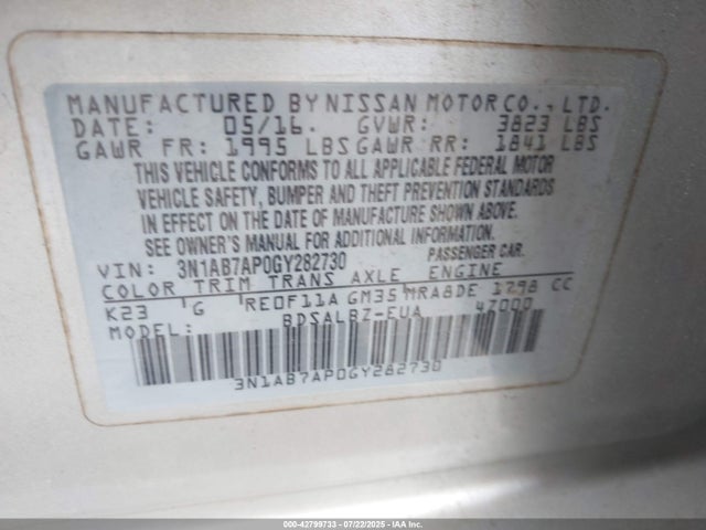 3N1AB7AP0GY282730 Nissan 2016