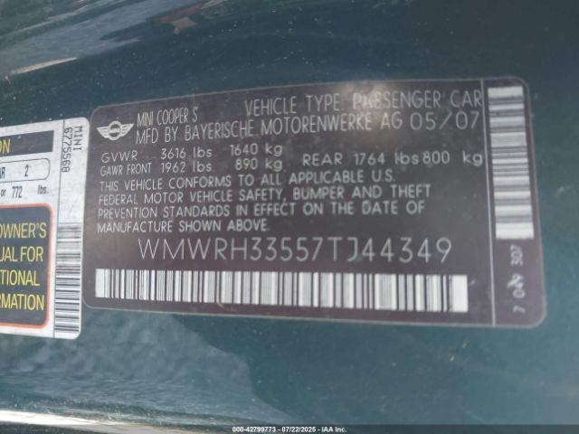 2007 MINI COOPER S WMWRH33557TJ44349 Photo 8