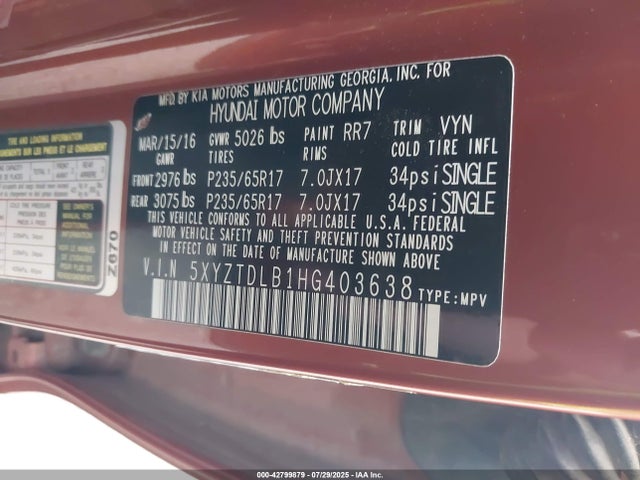5XYZTDLB1HG403638 Hyundai gdi theta ii