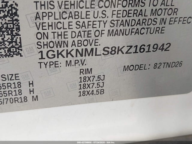 Aukcja sprzedaży 2019 Gmc Acadia Slt-1, vin: 1GKKNMLS8KZ161942, numer aukcji: 42799950