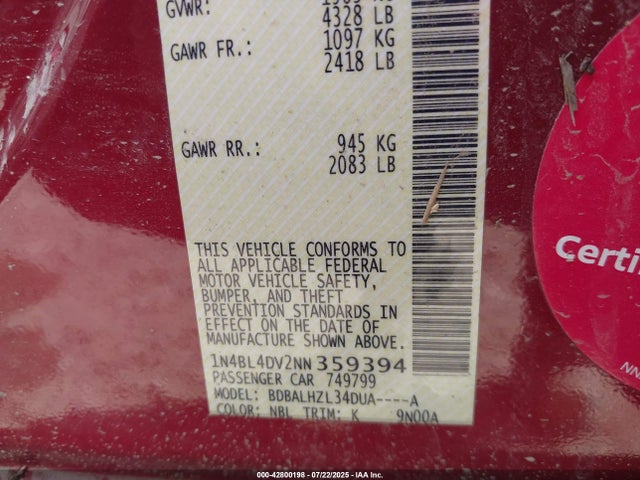1N4BL4DV2NN359394 Nissan Altima