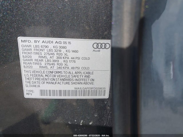 Aukcja sprzedaży 2015 Audi Q7 3.0t Premium, vin: WA1LGAFE9FD028635, numer aukcji: 42800290