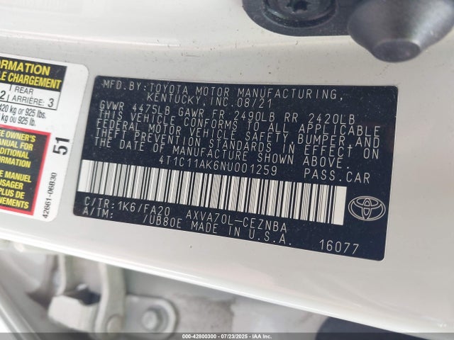 4T1C11AK6NU001259 Toyota a25a-fks