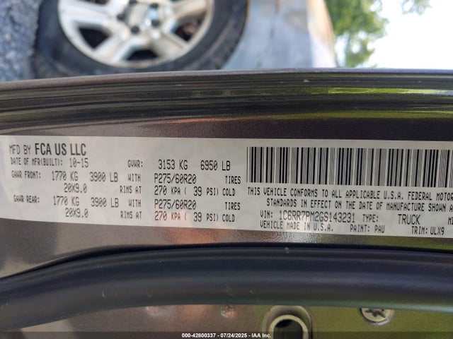 Продажа на аукционе авто 2016 Ram 1500 Longhorn Limited, vin: 1C6RR7PM2GS143231, номер лота: 42800337