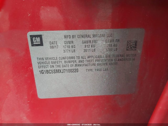 2018 Chevrolet Cruze Ls Auto მანქანა იყიდება აუქციონზე, vin: 1G1BC5SMXJ7100220, აუქციონის ნომერი: 42800342
