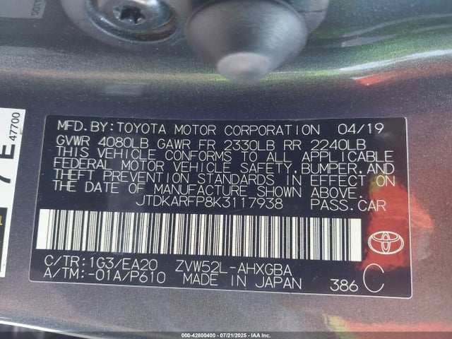 JTDKARFP8K3117938 Toyota 2zr-fxe+1nm