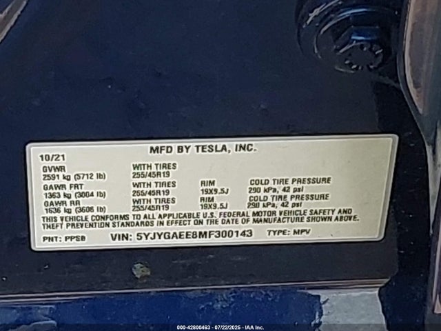 2021 TESLA MODEL Y 5YJYGAEE8MF300143 Photo 8
