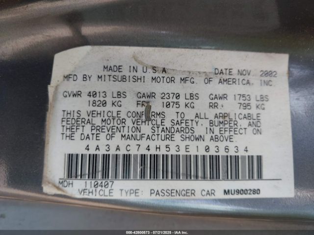 2003 MITSUBISHI ECLIPSE 4A3AC74H53E103634 Photo 8