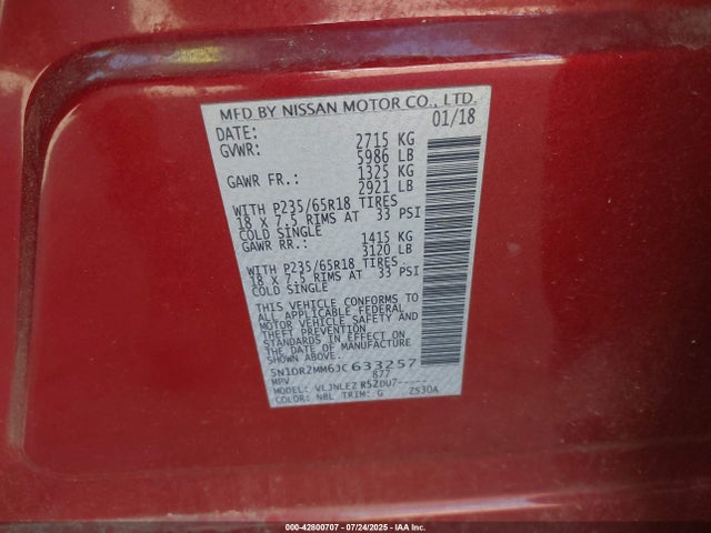 5N1DR2MM6JC633257 Nissan Pathfinder