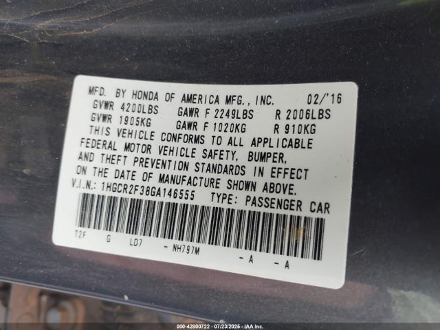 1HGCR2F38GA146555 Honda k24w1
