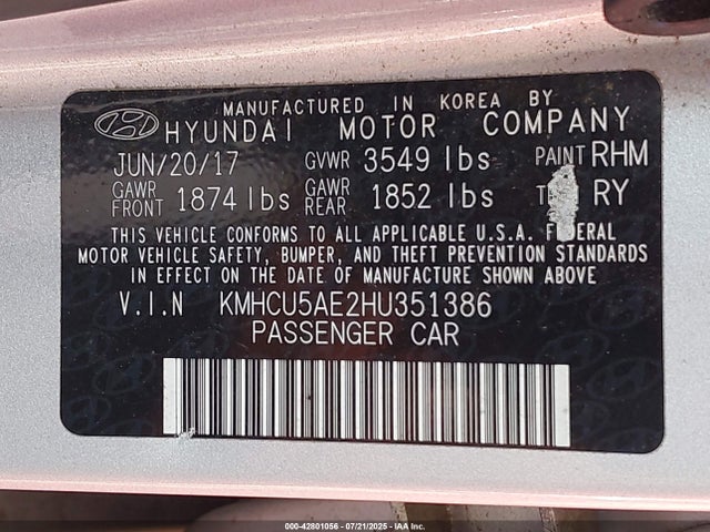 KMHCU5AE2HU351386 Hyundai Accent