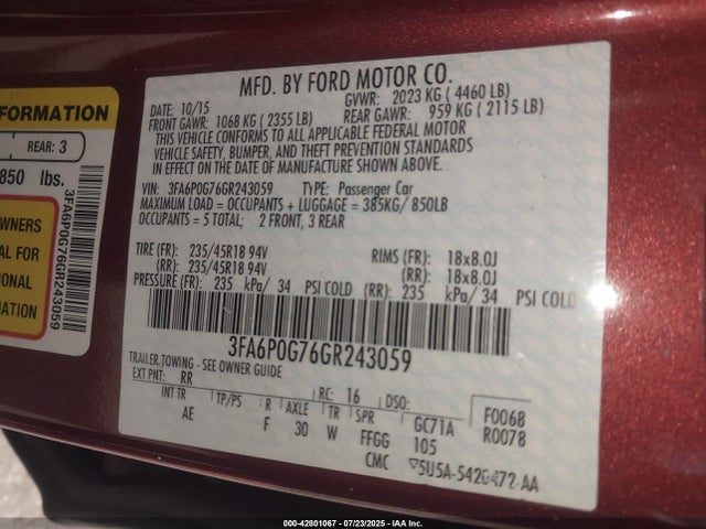 Ford Fusion 2016 3FA6P0G76GR243059 Image 9
