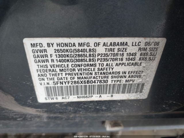 2006 HONDA PILOT 5FNYF286X6B047830 Photo 8
