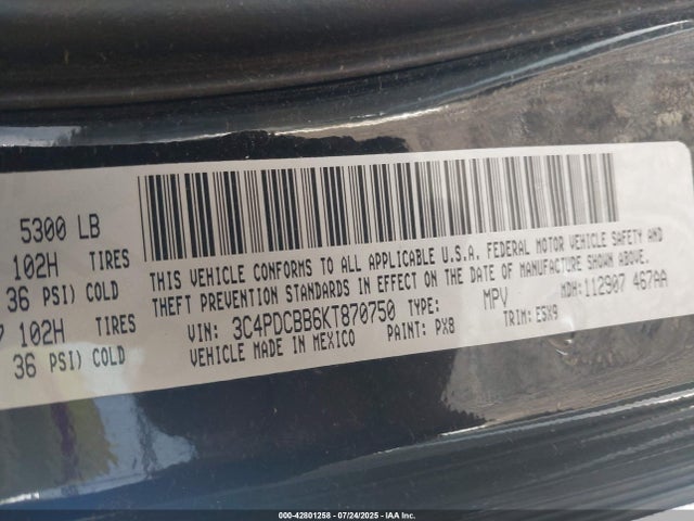 Продаж на аукціоні авто 2019 Dodge Journey Se, vin: 3C4PDCBB6KT870750, номер лоту: 42801258
