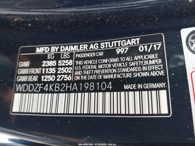 2017 Mercedes-benz E 300 4matic მანქანა იყიდება აუქციონზე, vin: WDDZF4KB2HA198104, აუქციონის ნომერი: 42801265
