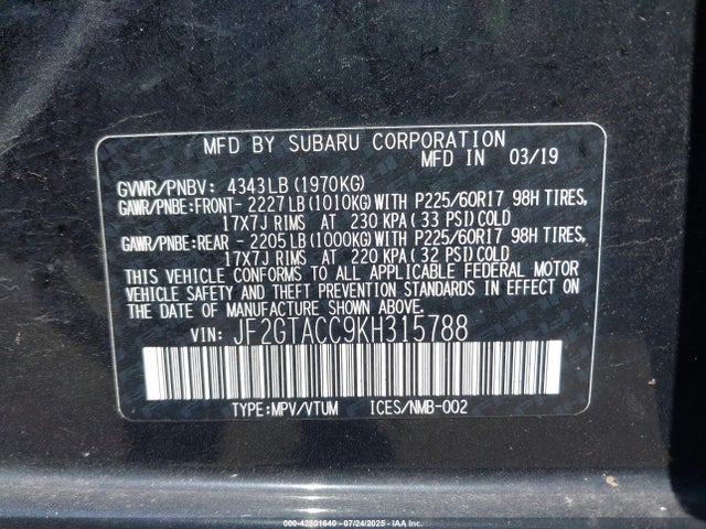 JF2GTACC9KH315788 Subaru naturally aspirated