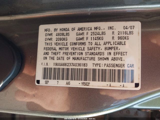 2007 ACURA TL 19UUA66237A036183 Photo 8