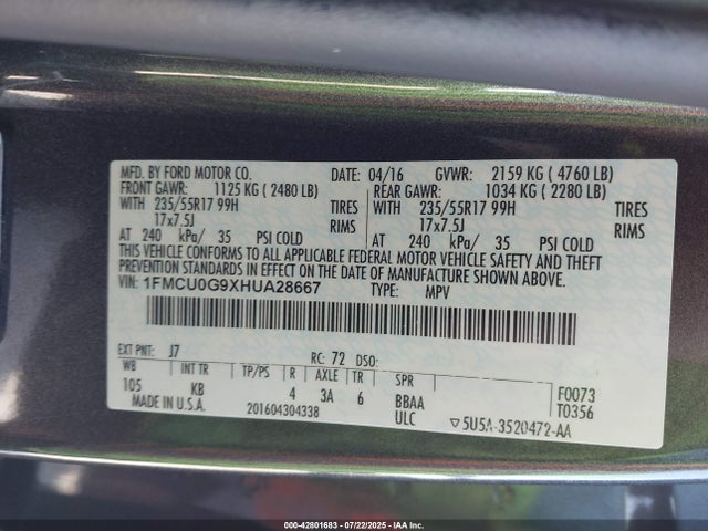 1FMCU0G9XHUA28667 Ford 2017