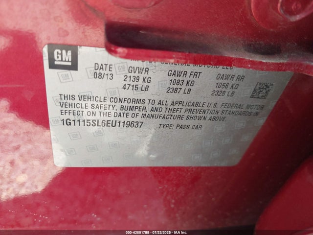 42801788 :رقم المزاد ، 1G1115SL6EU119637 vin ، 2014 Chevrolet Impala 1lt مزاد بيع