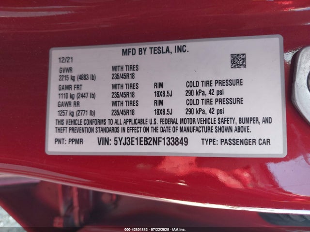 2022 TESLA MODEL 3 5YJ3E1EB2NF133849 Photo 8