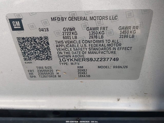 2018 Cadillac Xt5 Premium Luxury მანქანა იყიდება აუქციონზე, vin: 1GYKNERS9JZ237749, აუქციონის ნომერი: 42801925
