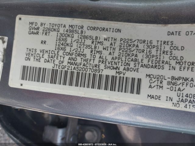 2002 TOYOTA HIGHLANDER JTEGF21A520070897 Photo 8
