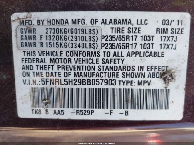 2011 HONDA ODYSSEY 5FNRL5H29BB057903 Photo 8