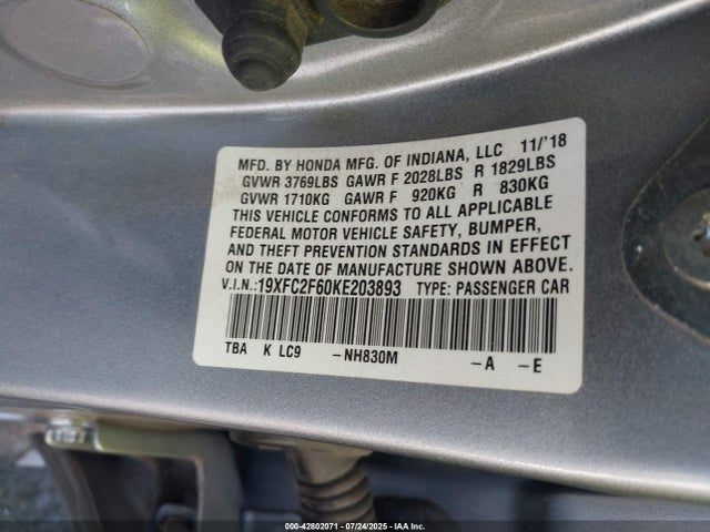 Honda k20c2 2019 19XFC2F60KE203893 Image 9