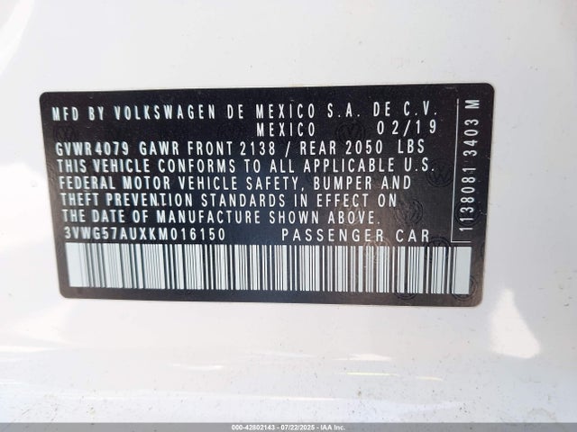 3VWG57AUXKM016150 Volkswagen Golf