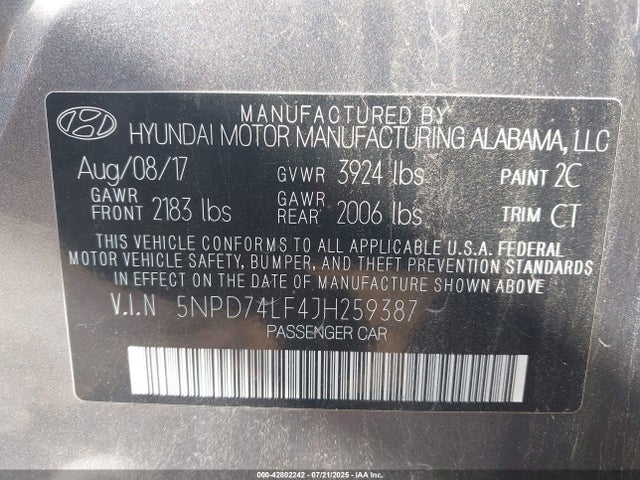 5NPD74LF4JH259387 Hyundai mpi nu