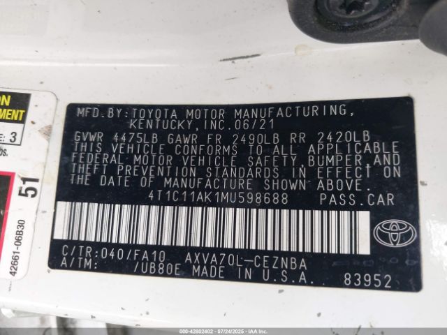 2021 TOYOTA CAMRY 4T1C11AK1MU598688 Photo 8