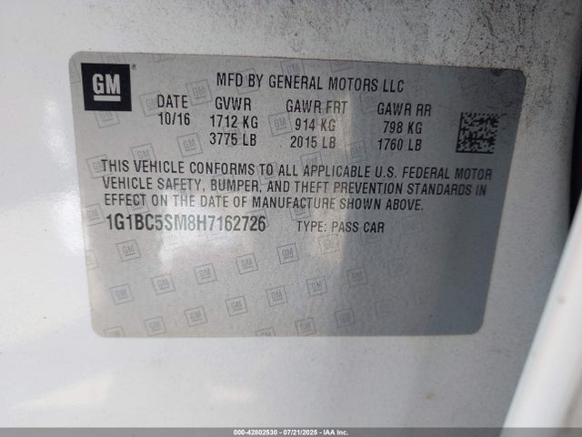 1G1BC5SM8H7162726 Chevrolet le2 -di: direct injection, vvt: variable valve timing, gen, alum