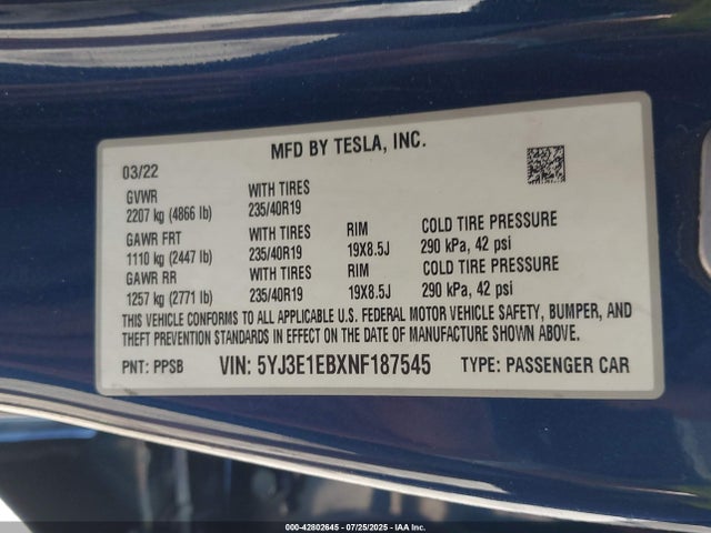 2022 TESLA MODEL 3 5YJ3E1EBXNF187545 Photo 8
